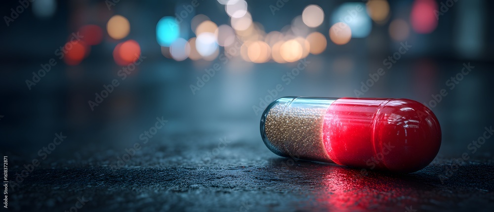 Poster a close-up of a red and transparent capsule resting on a surface, with blurred lights in the backgro