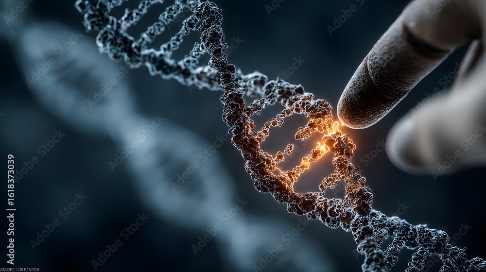 Poster a close-up view of a finger interacting with a dna strand, highlighting the structure and complexity
