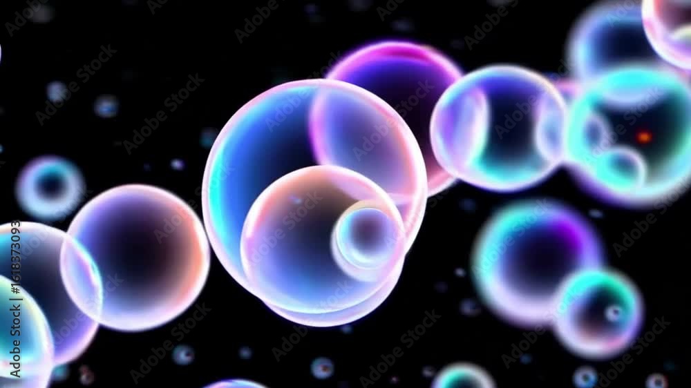 Poster captivating floating soap bubbles against a dark background. the bubbles shimmer with vibrant colors
