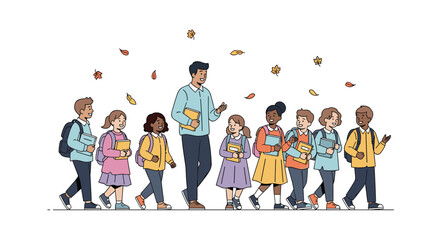 A diverse group of cheerful elementary school students walks with their teacher during autumn with falling leaves
