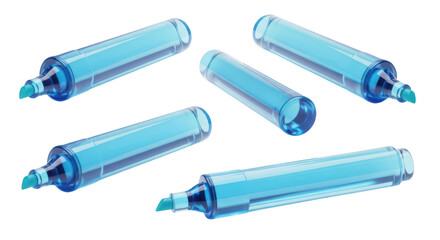 Close-up of blue highlighters scattered on a white backdrop showcasing office supplies used for marking studying or highlighting text