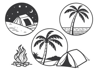 Icon Set Inspired by Beach Camping with Tents, Campfire, Palm Trees, Ocean, Moon, and Stars