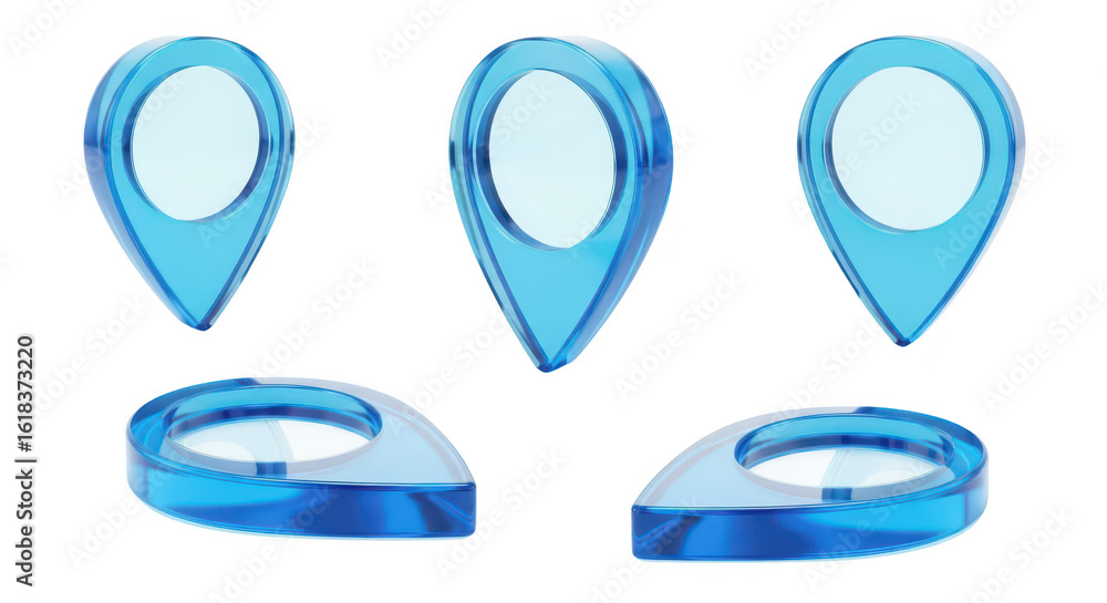 Poster blue transparent map pins arranged standing on white representing location travel or gps functionali
