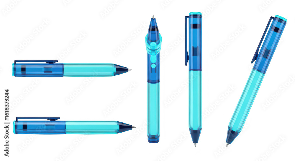 Poster blue pen in multiple views on white background demonstrating design and functionality useful for edu