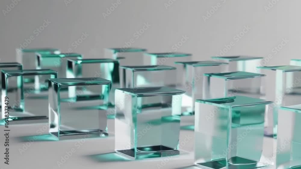 Poster geometric arrangement of clear cubes, creating an interesting visual pattern with soft shadows. the 