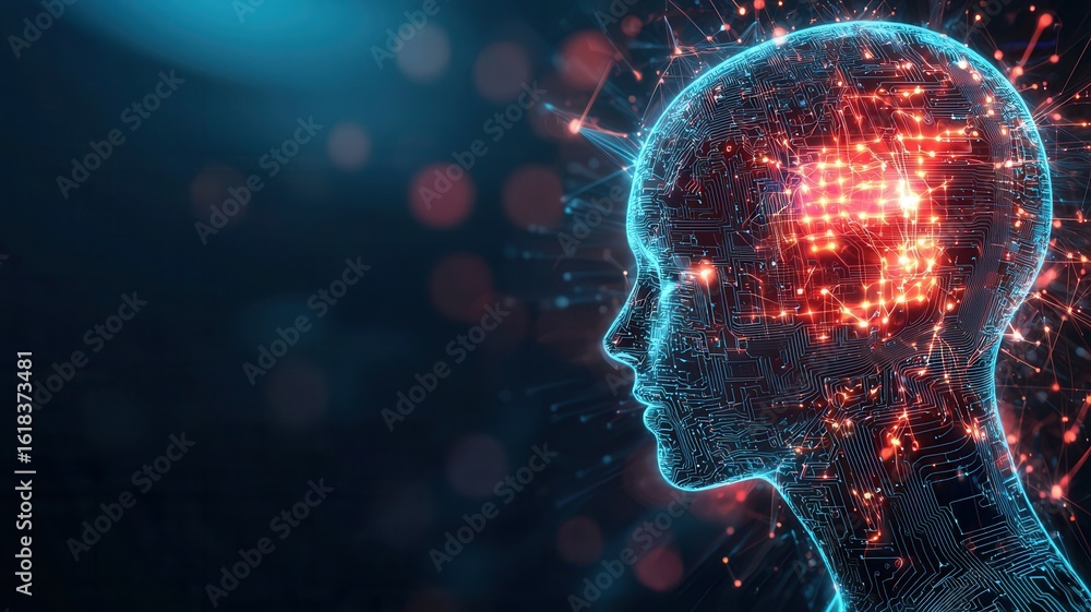 Poster artificial intelligence is processing data represented by glowing electronic circuits forming a huma