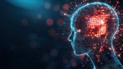 Artificial intelligence is processing data represented by glowing electronic circuits forming a human head, symbolizing machine learning