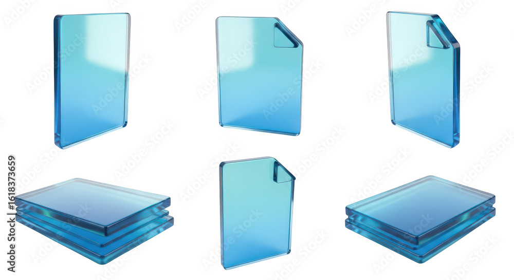 Poster transparent blue file icons in multiple views illustrating documentation concepts against a white ba