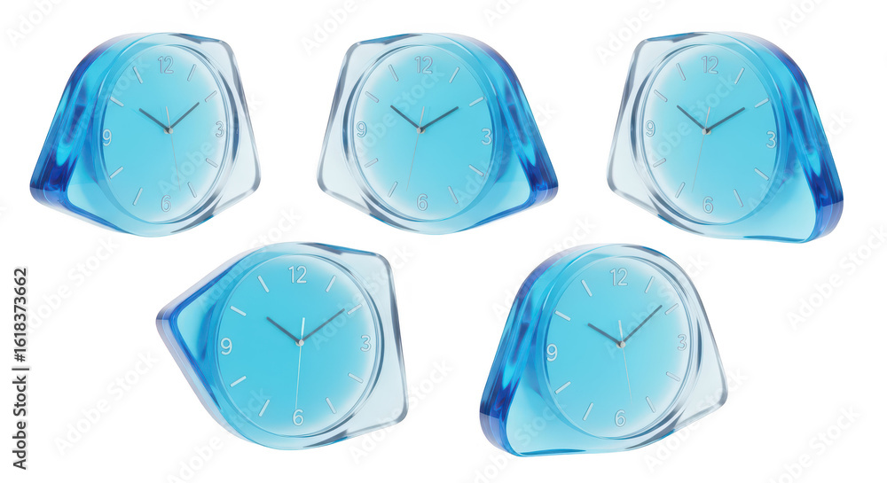 Poster blue abstract clocks arranged on a white surface showcasing time and concept of futuristic design po