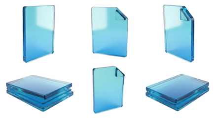 Transparent blue file icons in multiple views illustrating documentation concepts against a white backdrop for digital design and information graphics