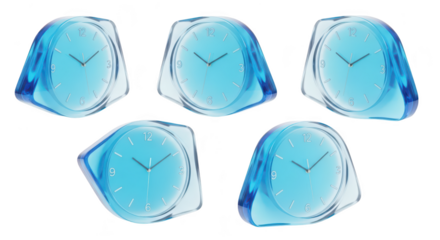 Blue abstract clocks arranged on a white surface showcasing time and concept of futuristic design potentially for time management or visualization