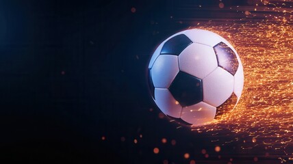 Fototapeta premium Soccer ball engulfed in fiery sparks, blazing against deep blue backdrop, symbolizing burning passion of competitive soccer gameplay