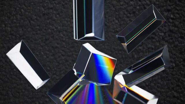 A collection of prism refract light into a spectrum of colors, highlighting the scientific beauty of light and optics