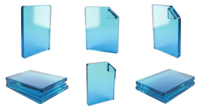 Transparent blue file icons in multiple views illustrating documentation concepts against a white backdrop for digital design and information graphics