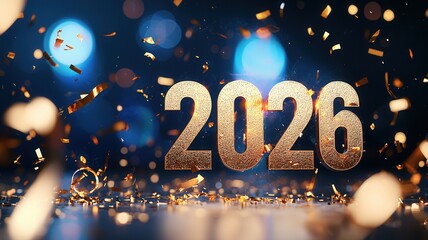 Golden 2026 numerals sparkling, confetti falling, highlighting celebratory moment against bright blue backdrop, marking festive new year arrival