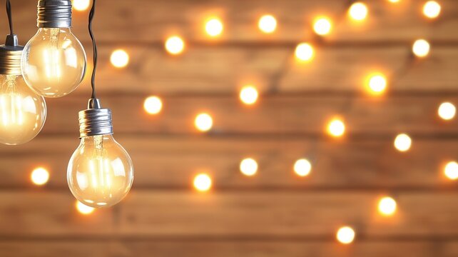 Glowing vintage light bulbs suspended against weathered wood, emitting soft warm illumination with twinkling fairy lights