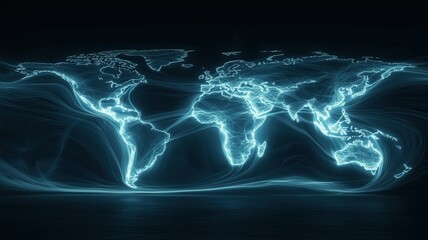 Glowing lines highlighting world map contours, representing global data flow and interconnectedness