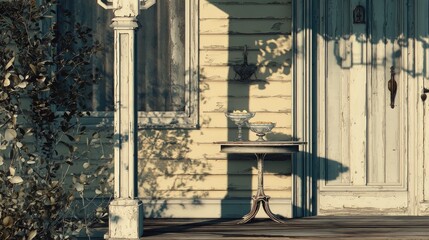 Obraz premium A weathered porch, pale yellow house, with small glass bowls holding fruit, cast shadows