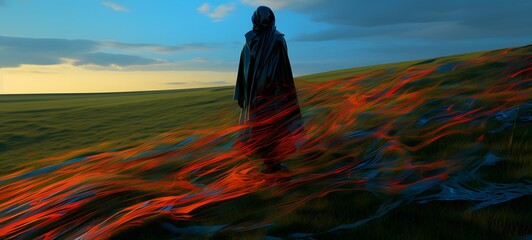 A haunted gothic thief perched on a wind-swept hill art, generative ai