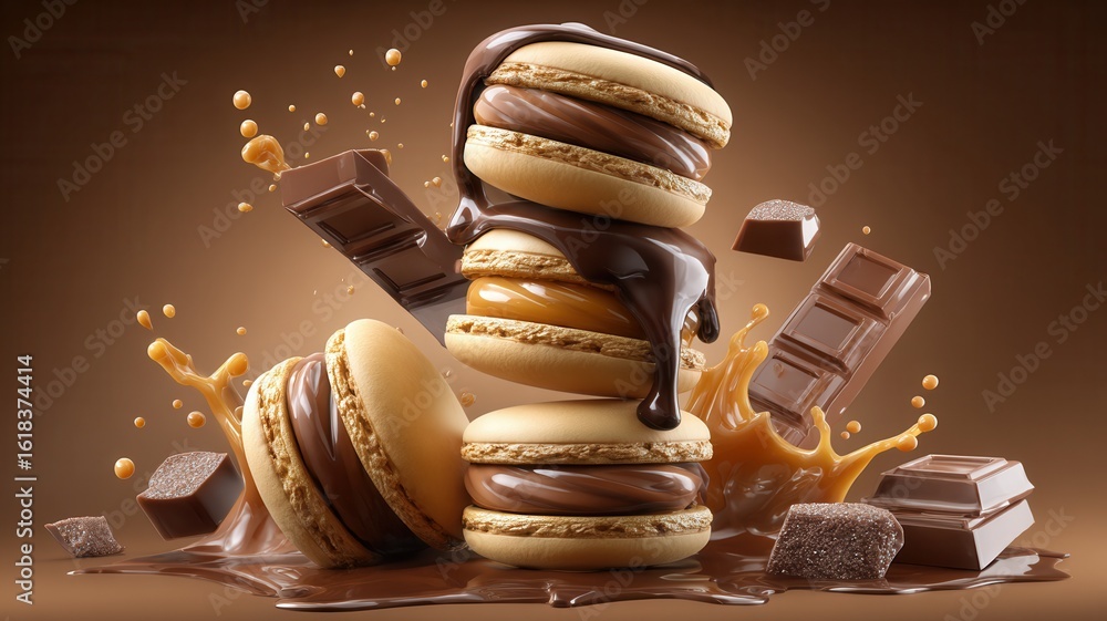 Poster chocolate dripping over stacked colorful macarons, sprinkled with cocoa chunks against rustic brown 