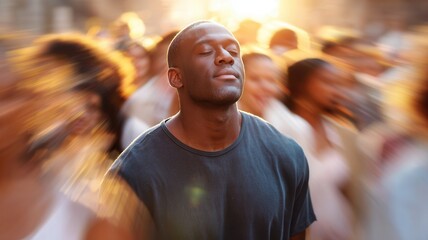 Young man breathing deeply with closed eyes, finding peace and mindfulness in the middle of a fast paced blurred crowd