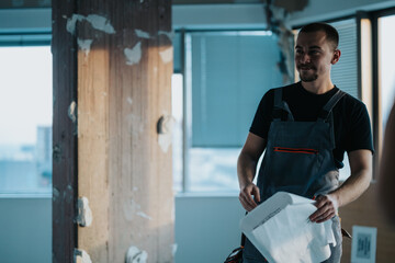 A person wearing overalls stands in a building under renovation, holding a document and looking focused.