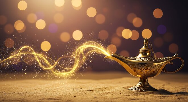 A magical golden genie lamp emitting a trail of sparkling light