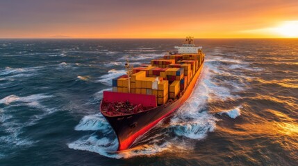 A large cargo ship loaded with colorful containers sails through rough ocean waves under a vibrant sunset sky,