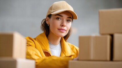 Female supervisor smiling and leaning on a stack of cardboard boxes while working in a distribution warehouse