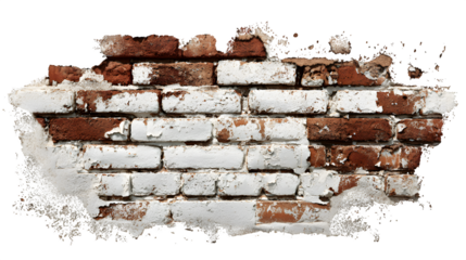 Faded painted brick, peeling white paint on red brick, isolated on Transparent background
