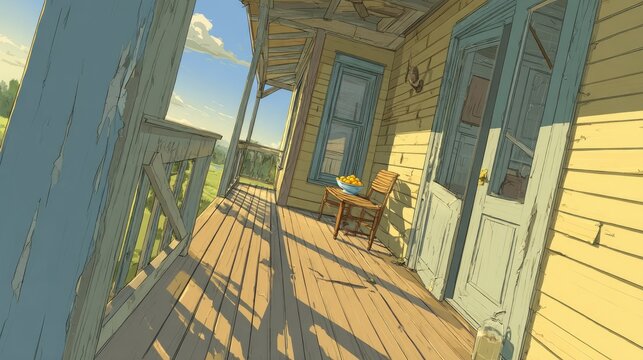 Sunny porch of a weathered yellow house