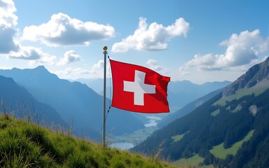 Swiss flag and mountain range on a sunny summer day with blue sky and clouds. Confederation Day is a national holiday in Switzerland. High quality