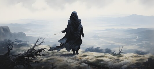 A haunted gothic thief perched on a wind-swept hill art, generative ai
