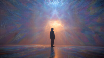 Fototapeta premium A Solitary Figure in Abstract Light: A lone individual stands bathed in a cascade of radiant, abstract light, experiencing a moment of introspection and wonder.