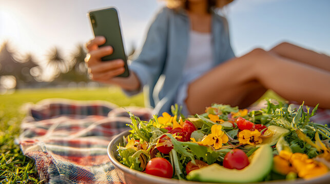 A Caucasian woman in casual attire seated on a checkered picnic blanket over vibrant green grass - Powered by Adobe