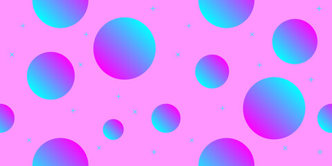 A playful and vibrant abstract background featuring various sizes of gradient blue-to-purple circles and small blue plus and cross symbols on a solid pink backdrop.