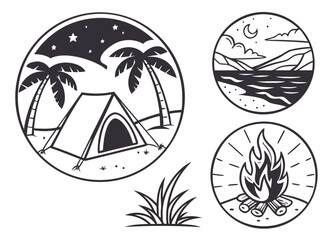 Icon Set Inspired by Beach Camping with Tents, Campfire, Palm Trees, Ocean, Moon, and Stars