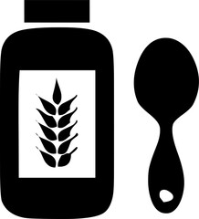 A bottle labeled with a barley stalk, possibly containing malt or barley syrup, shown with a spoon suggesting food use.