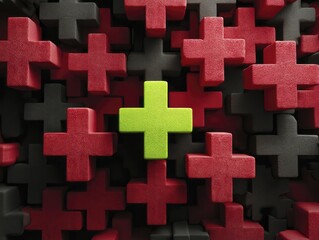 Obraz premium Lime green plus symbol standing out among red and black crosses