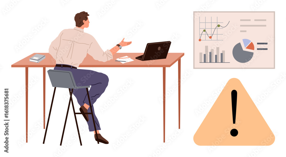 Poster man sitting at desk with open laptop, charts, and notebook, presenting data with a caution sign. ide