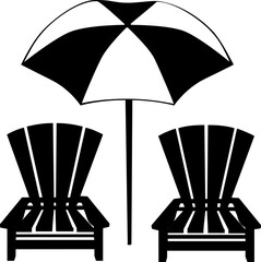 The image shows a black and white silhouette of two Adirondack chairs and a beach umbrella, symbolizing coastal relaxation.