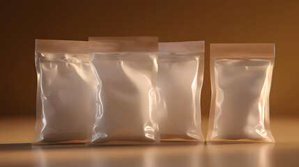 Transparent Pouches on Table: a collection of sealed transparent pouches, each filled with a fine white substance, arranged on a table