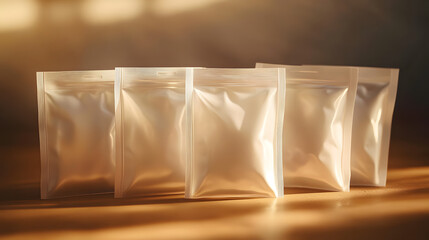 The packaging is ready for your brand: The image presents a cluster of transparent sealed pouches, with their sleek design highlighted in a warm lighting setting.
