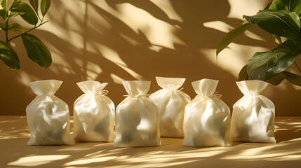 Ethereal Sachets: A serene, close-up depiction of delicate, filled sachets artfully arranged, illuminated by gentle sunlight, casting captivating shadows, and surrounded by lush greenery.