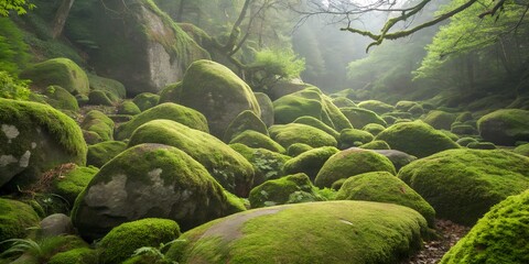Moss covered boulders and trees fill a shaded valley landscape in Huelgoat Forest, Brittany, France, during a foggy morning in summer, with sunlight filtering through the canopy huelgoat, brittany, fr