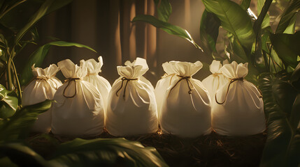Mysterious Hidden Treasures: An evocative depiction of enigmatic pouches concealing valuable assets, nestled within an otherworldly, shadowy realm of verdant foliage.