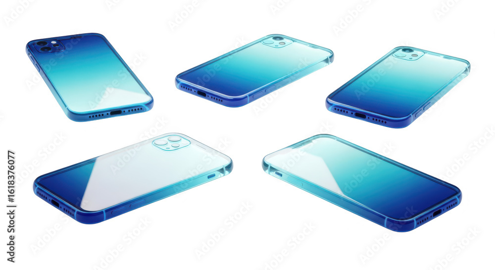 Poster five blue cellphones arranged on a white surface showcasing digital devices with illuminated backgro