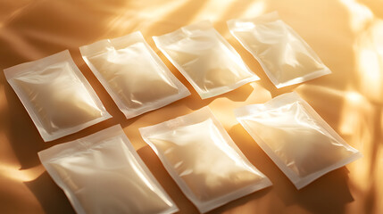 Packaged Ingredients Display: A collection of sealed, transparent packets of food ingredient, arranged for a product showcase, embodying simplicity and visual appeal.