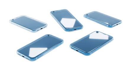 Five smartphones angled floating on a clean white surface simulating tech and modern communication suitable for digital marketing