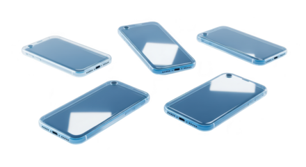 Five smartphones angled floating on a clean white surface simulating tech and modern communication suitable for digital marketing